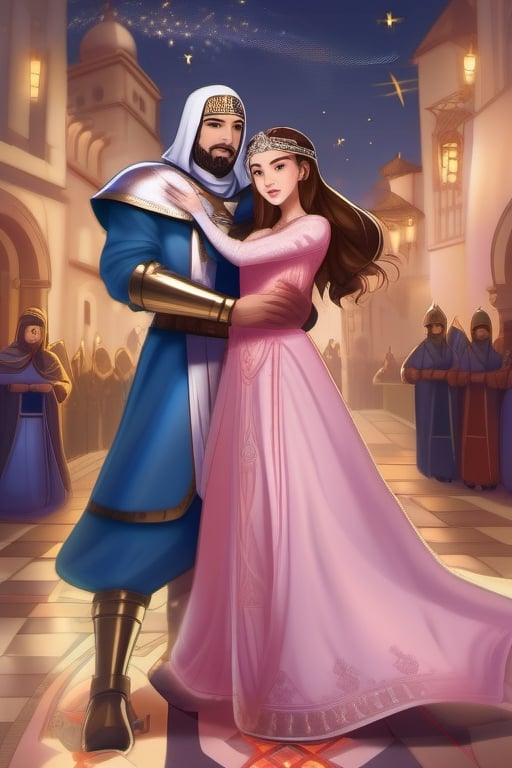 the leper king without a crown, dressed in a blue crusader knight's suit, a veil on his head a on his face, blue eyes, taking by the waist a young woman with wavy brown hair, brown eyes, pink dress style oriental, together in a dance, surrounded by stars and bright lights,lineart,Enhanced All