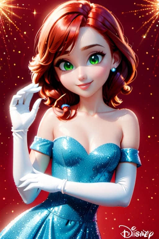 1girl, smile, heterochromia, red_eye, green_eyes, dress blue, bare shoulders, jewelry, red brown hair, elbow gloves, white gloves, red background,Flat vector art,Eve3D,SFW,glitter,disney pixar style