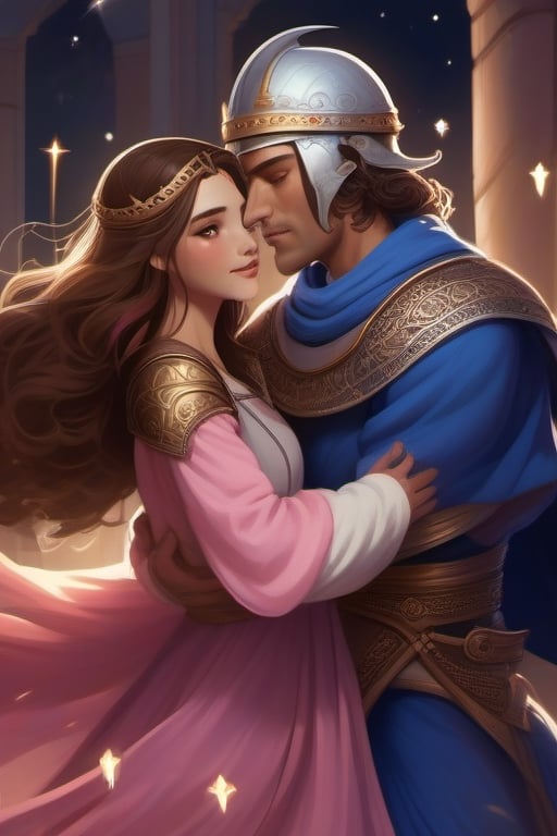 the leper king without a crown, dressed in a blue crusader knight's suit, a veil on his head a on his face, blue eyes, taking by the waist a young woman with wavy brown hair, brown eyes, pink dress style oriental, together in a dance, surrounded by stars and bright lights