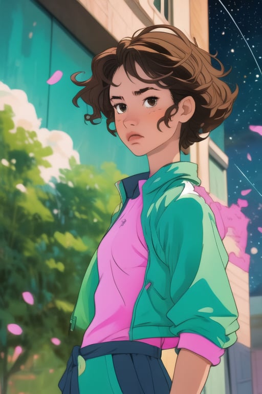 Three girls, teenagers, left green clothes, center dressed in pink, right dressed in blue, their shirts have a star, wavy brown hair, brown eyes, looking out over a balcony at a starry sky, a handsome young man stands behind them.