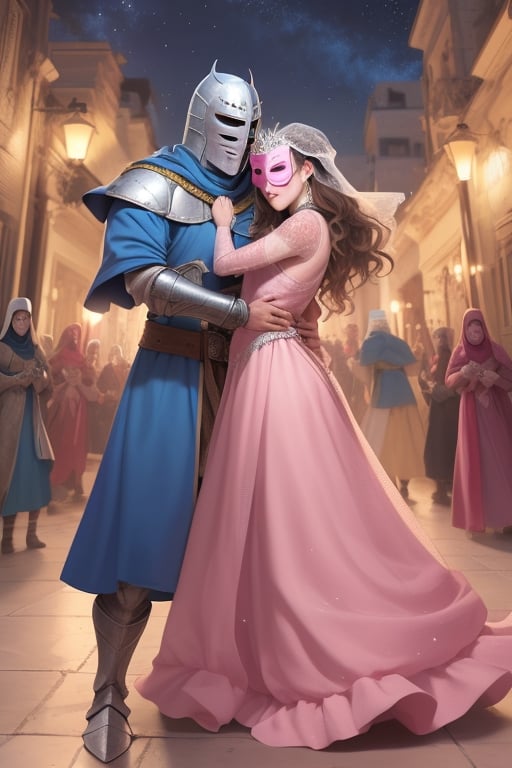 King Baldwin IV of Jeruslarem, the leper king, without a crown, dressed in a blue crusader knight's suit, a veil on his head and a silver mask on his face, taking by the waist a young woman with wavy brown hair, brown eyes, pink dress style oriental, together in a dance, surrounded by stars and bright lights, stylish