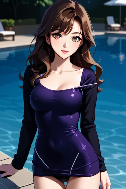  1girl, long hair, brown hair, long sleeves, dress, heterochrome eyes, purple dress,one-piece swimsuit pull,source_anime