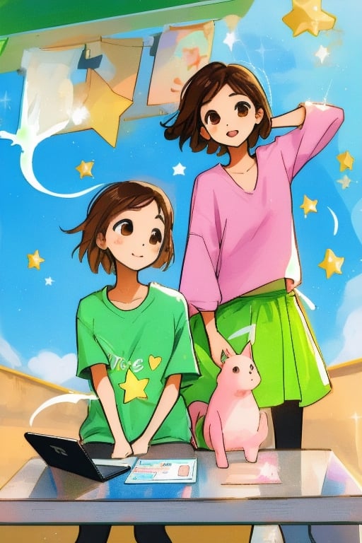 Triplets, teenagers, left green clothes, center dressed in pink, right dressed in blue, their shirts have a star, wavy brown hair, brown eyes, one of them holds an iPad in her hands