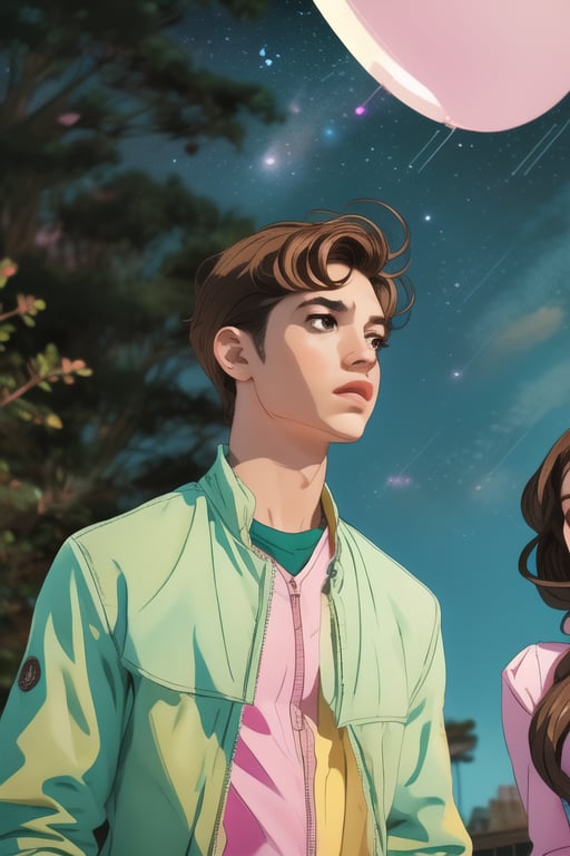 Three girls, teenagers, left green clothes, center dressed in pink, right dressed in blue, their shirts have a star, wavy brown hair, brown eyes, looking out over a balcony at a starry sky, a handsome young man stands behind them.