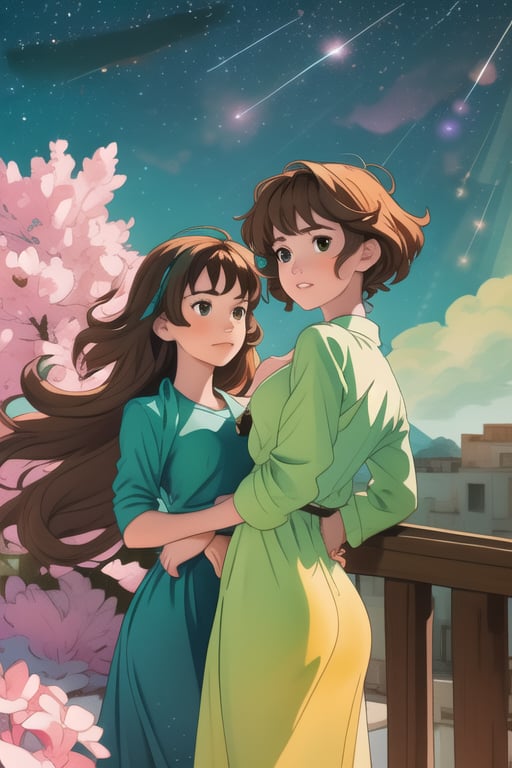 Three teenage girls, donning emerald green attire, pose on a balcony overlooking a celestial canvas of twinkling stars. The center girl's pink shirt features a shining star, while her companions wear blue and green shirts adorned with matching stars. Their wavy brown locks cascade down their backs as they gaze out at the night sky, their brown eyes aglow with wonder. A dashing young man stands discreetly behind them, his presence subtly framing the trio's joyful moment.