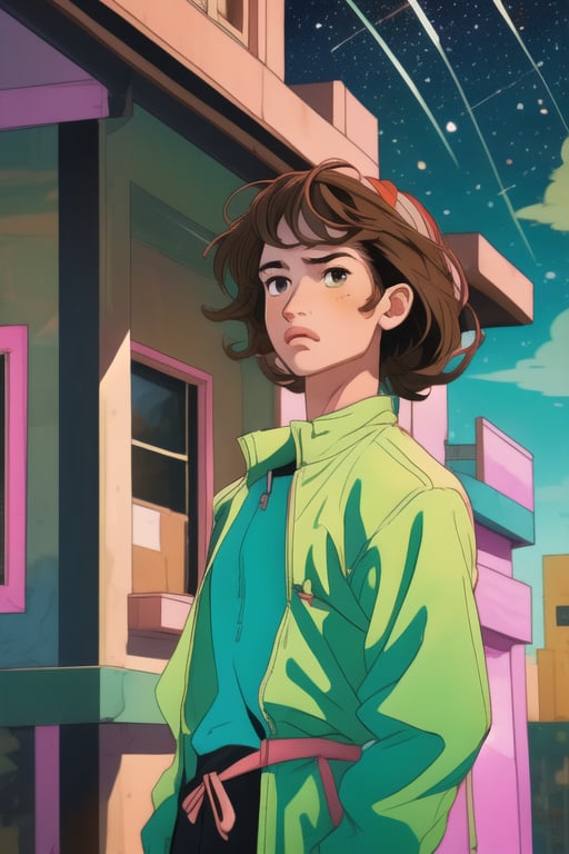 Three girls, teenagers, left green clothes, center dressed in pink, right dressed in blue, their shirts have a star, wavy brown hair, brown eyes, looking out over a balcony at a starry sky, a handsome young man stands behind them.