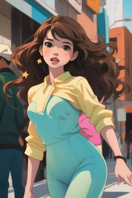 Three girls, teenagers, left green clothes, center dressed in pink, right dressed in blue, their shirts have a star, wavy brown hair, brown eyes, dancing in teatre,Shadman,perfect