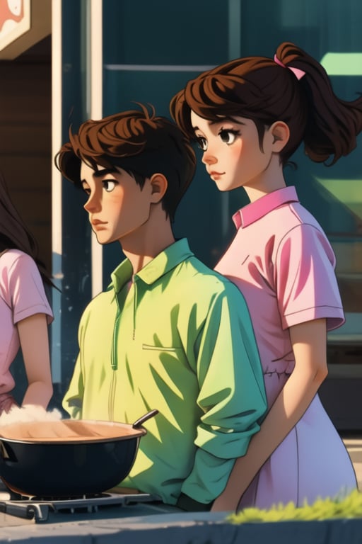 Triplets, teenagers, left green clothes, center dressed in pink, right dressed in blue, their shirts have a star, wavy brown hair, brown eyes, harem dress, in cook, ,Shadman,perfect