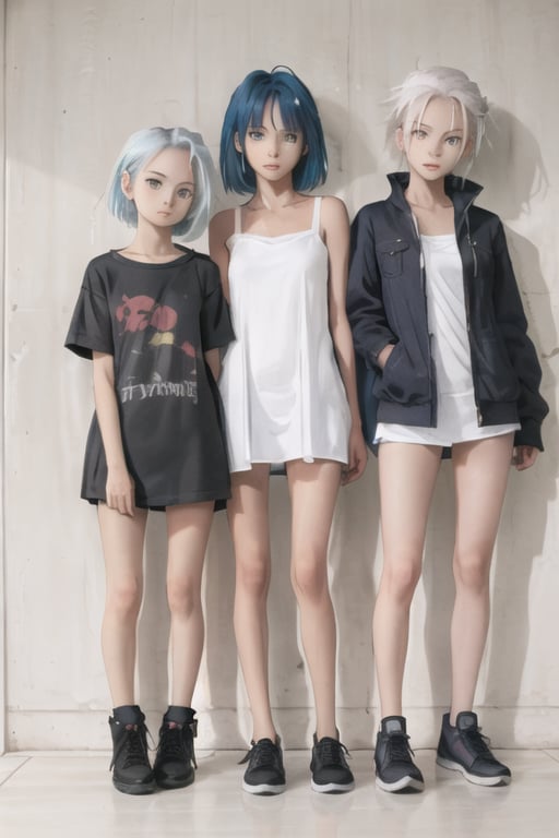 Three teenage girls with distinct styles and hair colors - a girl with red hair wearing a punk-inspired outfit, a girl with blue hair wearing a dark outfit, and a girl with white hair wearing a casual outfit, standing in a dark, moody background