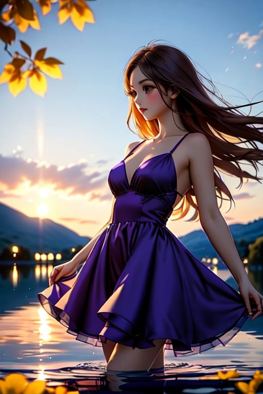 Beautiful Girl, purple dress, dancing in the start in reflection of a lake