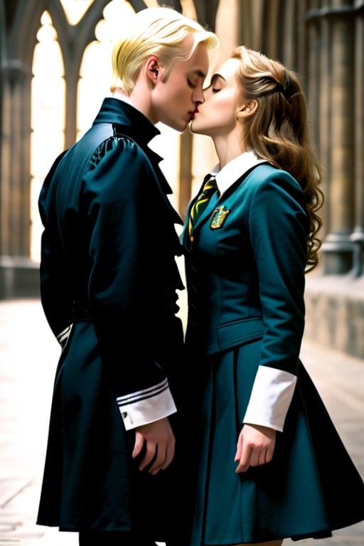 Draco malfoy in Hogwarts uniform, and hermione granger in Hogwarts uniform, kiss french, huge