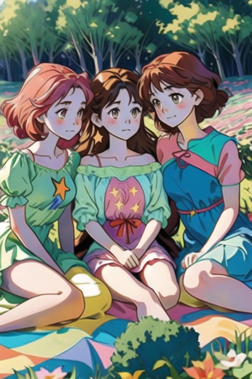 A whimsical picnic scene unfolds: three teenage girls sit together on a colorful harem dress-covered blanket, surrounded by lush greenery and vibrant flowers. The girl on the left wears a vibrant green outfit with a star-adorned shirt, her wavy brown hair blowing gently in the breeze. To her right, the center figure dons a bright pink ensemble, also featuring a star-patterned top. The rightmost girl is dressed in bold blue attire with a matching star design. As they share a joyful moment, their big brown eyes shine brightly, framed by the picturesque landscape.