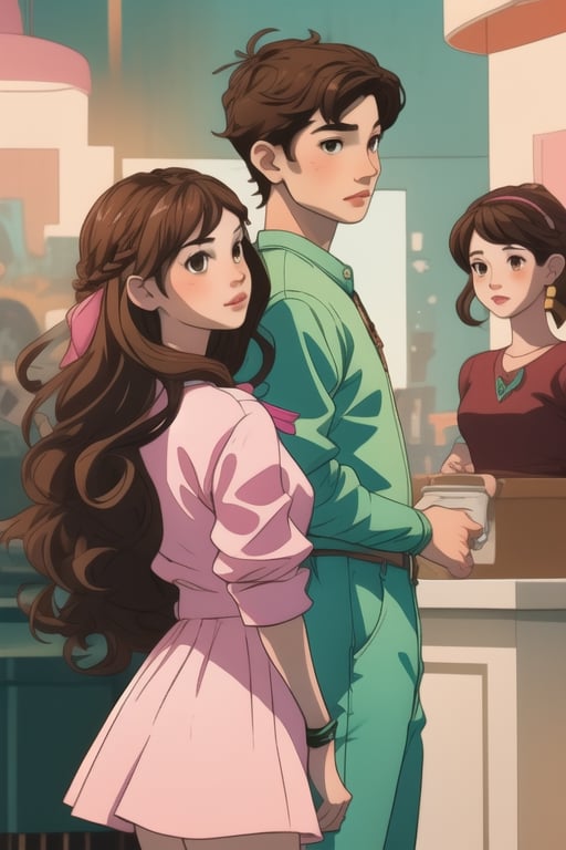 Three girls, Triplets, teenagers, left green clothes, center dressed in pink, right dressed in blue, their shirts have a star, wavy brown hair, brown eyes, harem dress,Shadman,perfect