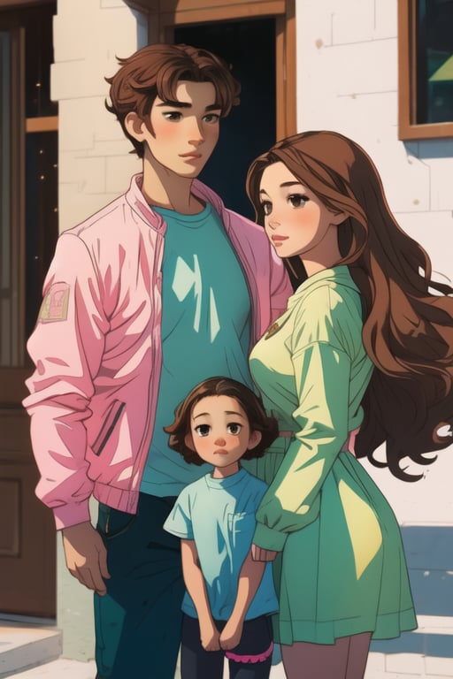 Triplets, teenagers, left green clothes, center dressed in pink, right dressed in blue, their shirts have a star, wavy brown hair, brown eyes, harem dress, in castle, ,Shadman,perfect