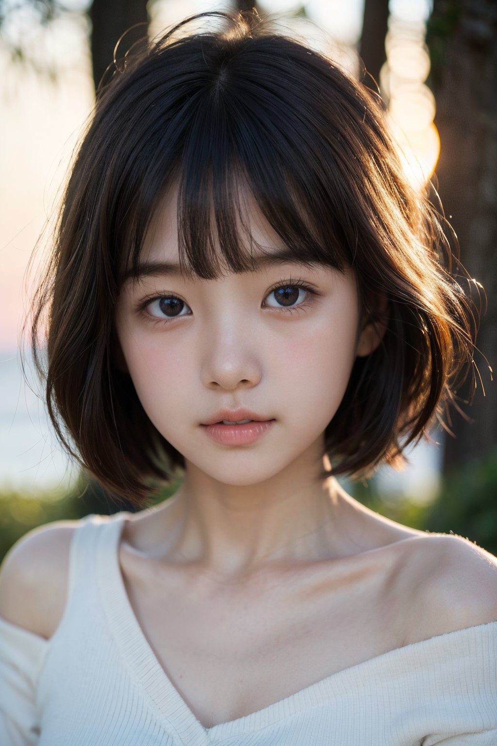 主：(Misty woods under sunset),(((Focus on close-up photos of faces))),
人：1litte 1kid 7yo gril (Child:1.2), 
優：(Stable Diffusion 1.5),
髮：(((short hair))),(((bangs))),(((Well-defined hair strands:1.4))),
服：(Off-the-shoulder),(deep V neckline),