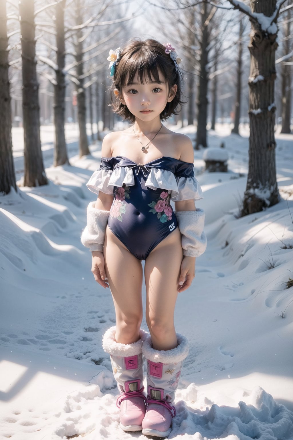 主：(foggy woods),((Full body image)),
人：1litte 1kid 7yo gril (Child:1.2),
體：Beautiful and well-proportioned body proportions,
髮：(((bangs))),(((short hair))),
服：(((Floral pattern low-cut collarless one-piece swimsuit))),(((Transparent off-the-shoulder one-piece swimsuit))),(((deep V low neckline))),Ancient costume,(((snow boots))),