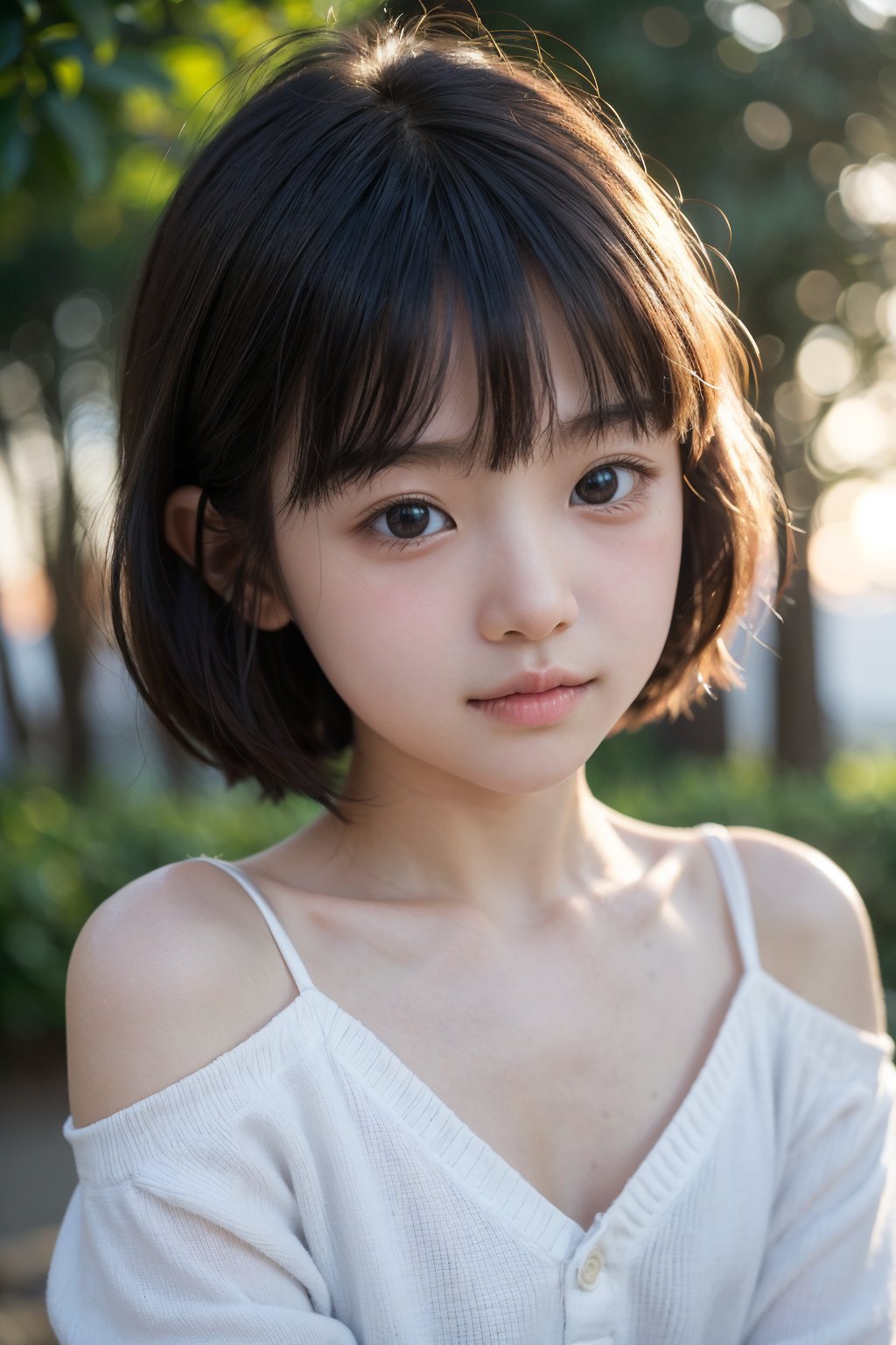 主：(Misty woods under sunset),(((Focus on close-up photos of faces))),
人：1litte 1kid 7yo gril (Child:1.2), 
優：(Stable Diffusion 1.5),
髮：(((short hair))),(((bangs))),(((Well-defined hair strands:1.4))),
服：(Off-the-shoulder),(deep V neckline),