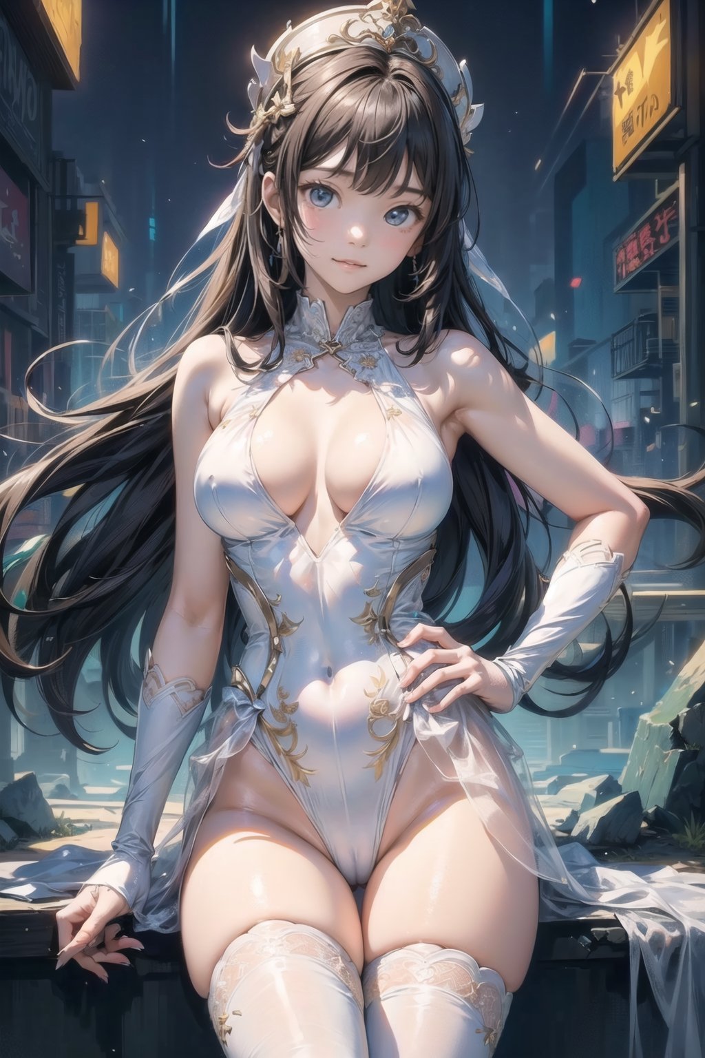 主：(((Thigh to upper body photo))), 
特：(((Colorful and magical doomsday city))), (masterpiece, highest quality, extreme detailed, best quality, official art, beautiful and aesthetic:1.2), (1girl), extreme detailed,(fractal art:1.3),colorful,highest detailed,High detailed,With a very high artistic composition style, 
髮：(((long hair))), 
服：((((Super transparent one-piece swimsuit made of white tulle))), (The white one-piece swimsuit has beautiful embroidery patterns on it),(((deep V low neckline))),(((compression stockings))),Ancient costume