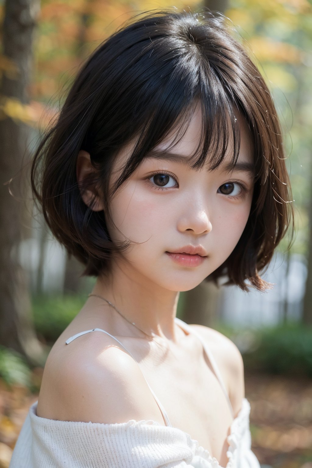 主：(Autumn misty forest),(((Focus on close-up photos of faces))),
人：1litte 1kid 7yo gril (Child:1.2), 
優：(Stable Diffusion 1.5),
髮：(((short hair))),(((bangs))),(((Well-defined hair strands:1.4))),
服：(Off-the-shoulder),(deep V neckline),