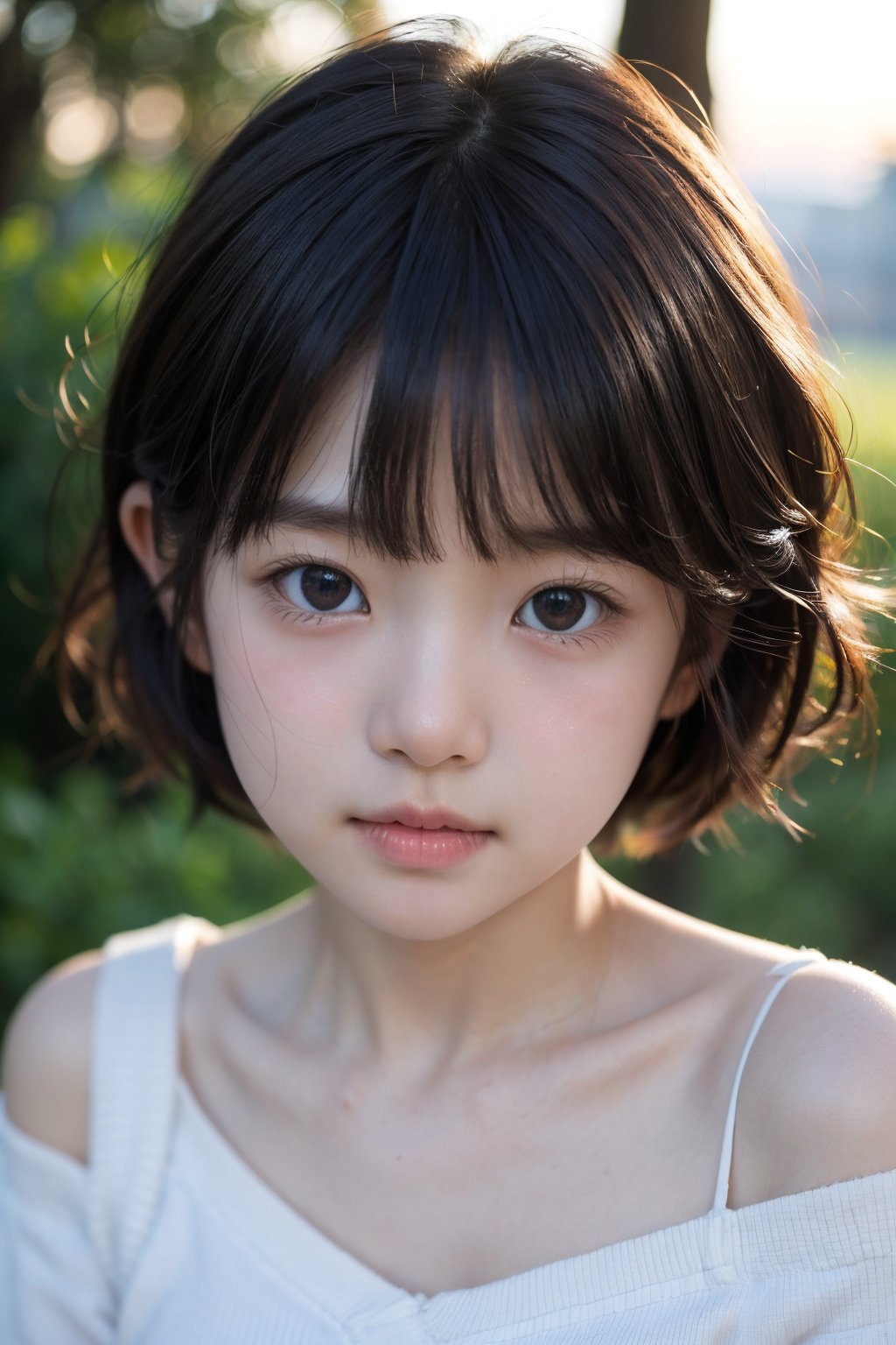 主：(Misty woods under sunset),(((Focus on close-up photos of faces))),
人：1litte 1kid 7yo gril (Child:1.2), 
優：(Stable Diffusion 1.5),
髮：(((short hair))),(((bangs))),(((Well-defined hair strands:1.4))),
服：(Off-the-shoulder),(deep V neckline),