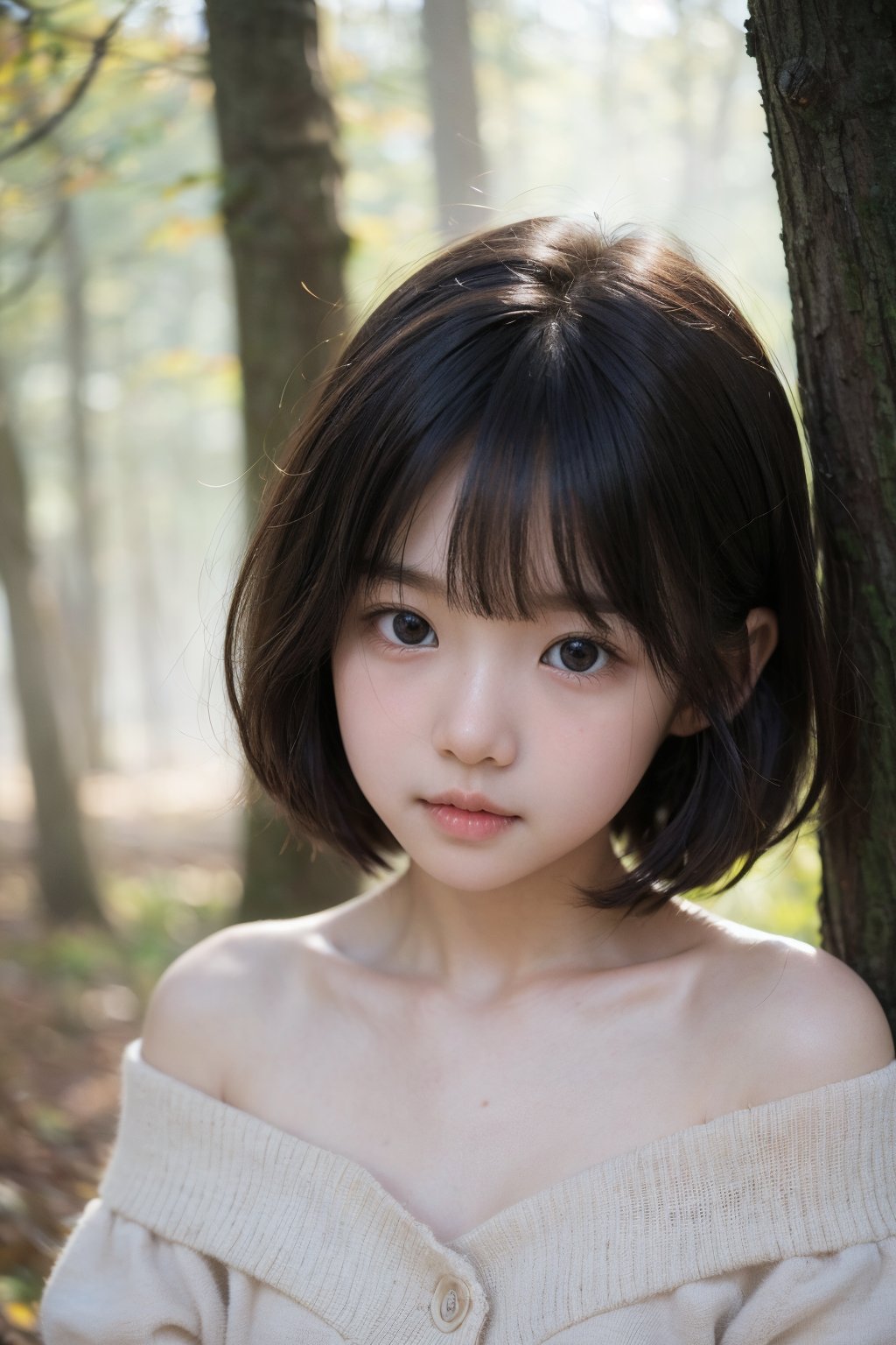 主：(Autumn misty forest),(((Focus on close-up photos of faces))),
人：1litte 1kid 7yo gril (Child:1.2), 
優：(Stable Diffusion 1.5),
髮：(((short hair))),(((bangs))),(((Well-defined hair strands:1.4))),
服：(Off-the-shoulder),(deep V neckline),