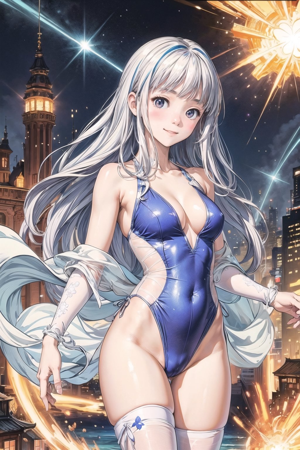 主：(((Thigh to upper body photo))), 
特：(((Colorful and magical doomsday city))), (masterpiece, highest quality, extreme detailed, best quality, official art, beautiful and aesthetic:1.2), (1girl), extreme detailed,(fractal art:1.3),colorful,highest detailed,High detailed,With a very high artistic composition style, 
髮：(((long hair))), 
服：((((Super transparent one-piece swimsuit made of white tulle))), (The white one-piece swimsuit has beautiful embroidery patterns on it),(((deep V low neckline))),(((compression stockings))),Ancient costume