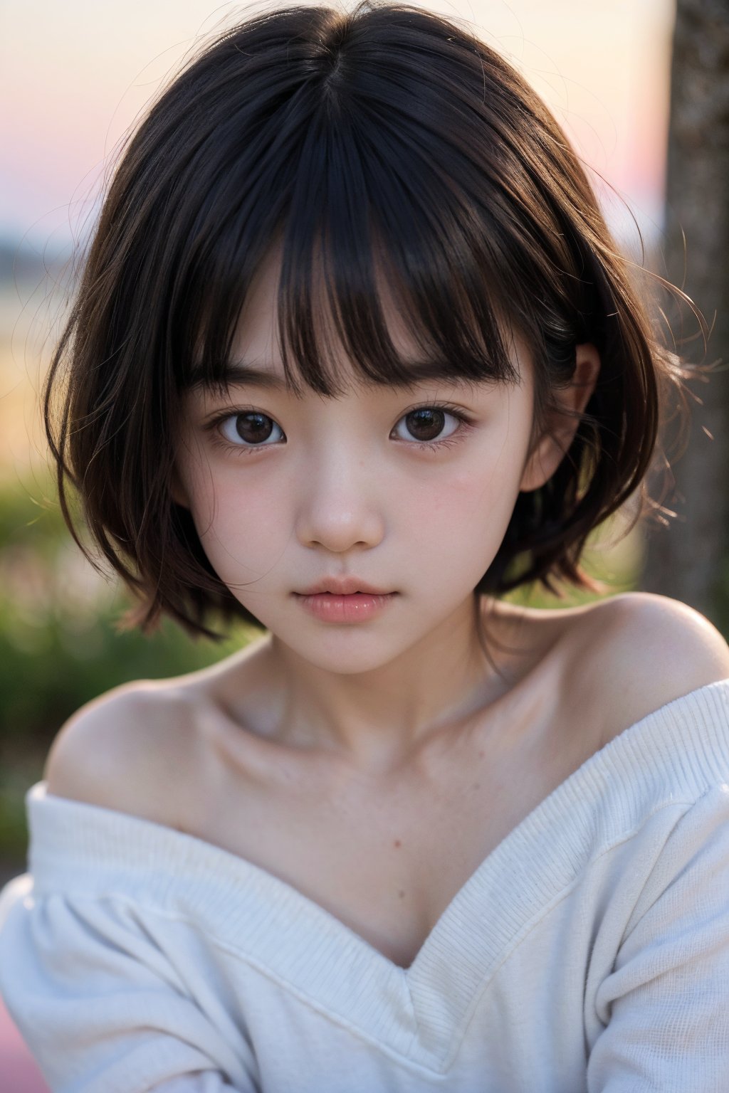 主：(Misty woods under sunset),(((Focus on close-up photos of faces))),
人：1litte 1kid 7yo gril (Child:1.2), 
優：(Stable Diffusion 1.5),
髮：(((short hair))),(((bangs))),(((Well-defined hair strands:1.4))),
服：(Off-the-shoulder),(deep V neckline),