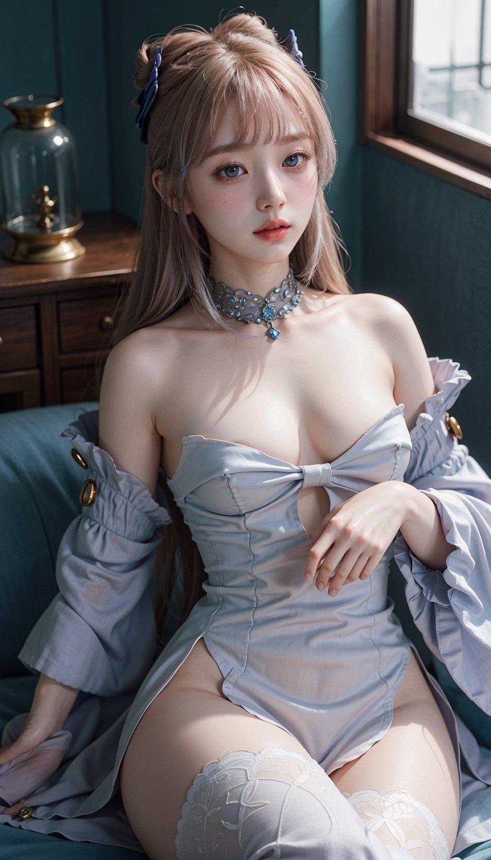 (masterpiece, top quality, best quality, official art, beautiful and aesthetic:1.2), hdr, high contrast, wideshot, 1girl, blunt bangs, looking at viewer, (seducing act), frosty, icy eyeshadow, longfade eyebrow, soft make up, juicy lips, large breast, hourglass body, finger detailed, background detailed, ambient lighting, extreme detailed, cinematic shot, realistic ilustration, (soothing tones:1.3), (hyperdetailed:1.2),kokomidef