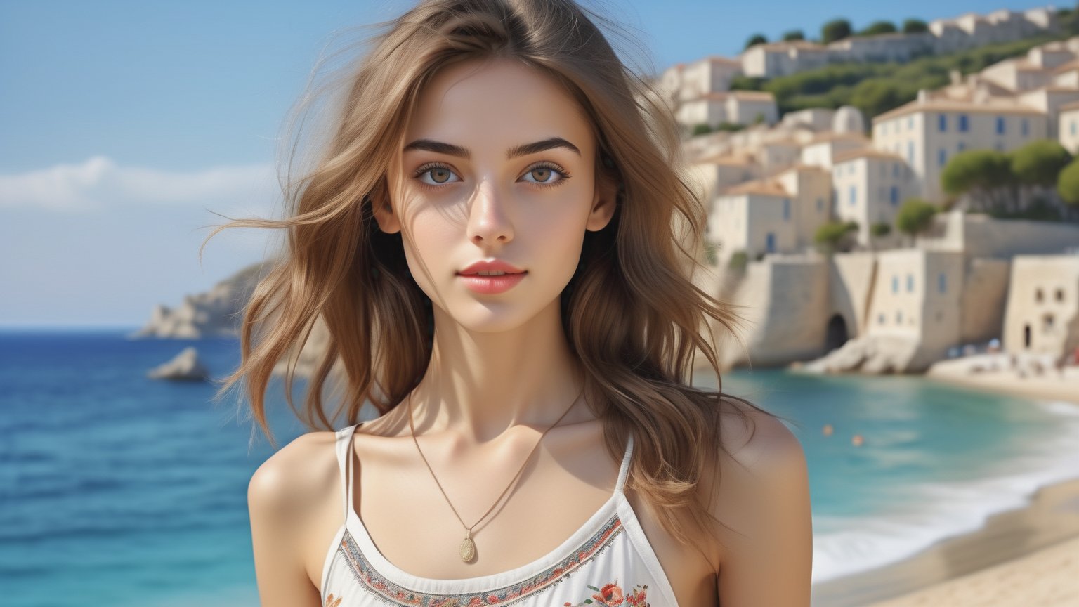 (Ultra realistic), best quality, (a beautiful skinny French girl facing the audience in summer fashionable clothes:1.35), masterpiece, vivid and detailed face, (upper half body art :1.2), (clear and bright big eyes :1.1), dynamic pose, using the best artificial intelligence algorithm to generate pictures, Ultra HD, 32K, ultra realistic, dramatic, High detail, more detail, mediterranean beach background,