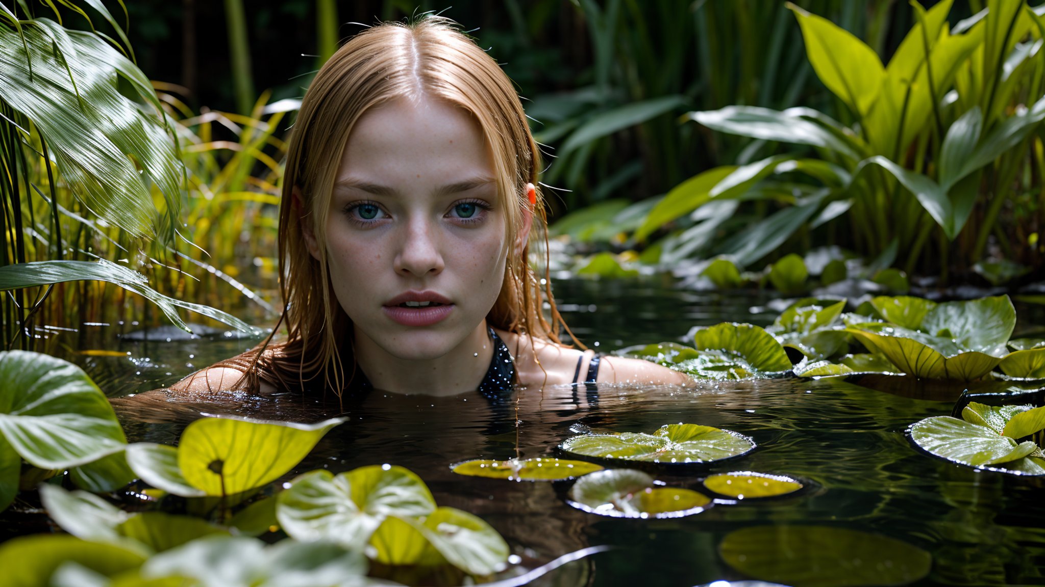 (very detailed close-up photography), cinematic colors, texture, film grain, (a sexy young woman: 1.2), swimming, (blonde: 0.7), blue eyes, face emerging from water, naughty look, naked. embraced by (some aquatic plants: 1.4), in an alien brackish liquid lake, intricate extraterrestrial environment, dark vibes, vibrant and hyper-detailed colors, epic composition, official art, Unity 8k wallpaper, ultra detailed, beautiful and Aesthetics, masterpiece , The best quality.