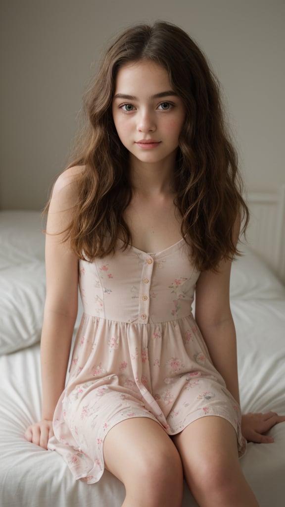 (highres, masterpiece:1.2),  (full body view:1.4), 
realistic portrait, 18 year old, girl with big round eyes, tiny nose and rosy lips, adorable facial expression, pale complexion, long eyelashes and thick eyebrows, soft curly long hair, flowy dress with floral patterns, playful and innocent smile, beautiful natural light, soft pastel colors, vibrant background of blooming flowers, sweet and warm atmosphere, sitting on edge of bed, happy and carefree mood, perfect balance between innocence and maturity, impeccable attention to detail, emotive and lifelike portrayal, classic and timeless aesthetic