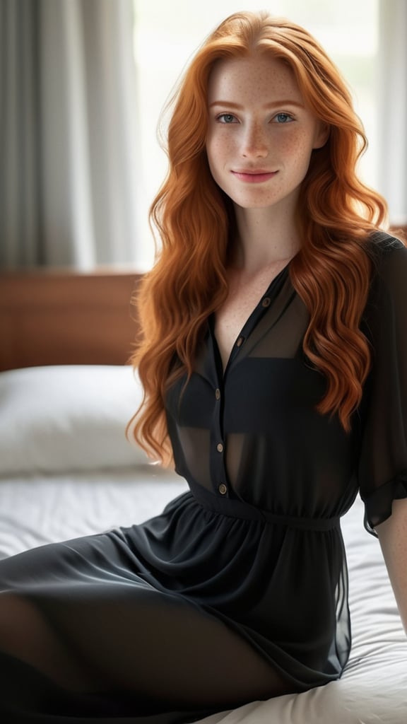 full body photo ((extremely attractive)) woman, very long ginger hair, perfect eyes, (freckles:0.5, light makeup, bold sexy black blouse, transparent long dress clothes, leaning on the end of her bed in her bedroom, gorgeous smile, bright sunlight coming through the windows, sheer curtains diffusing the sunlight . large depth of field, deep depth of field, highly detailed, highly detailed, 8k sharp focus, ultra photorealism