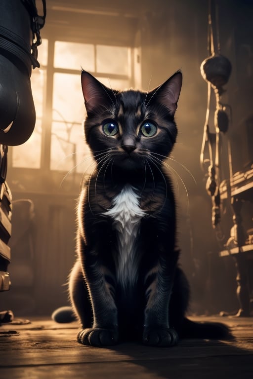 Kitten looking straight at the camera in the middle of a magical and fantastic scene, breeding various cat breeds