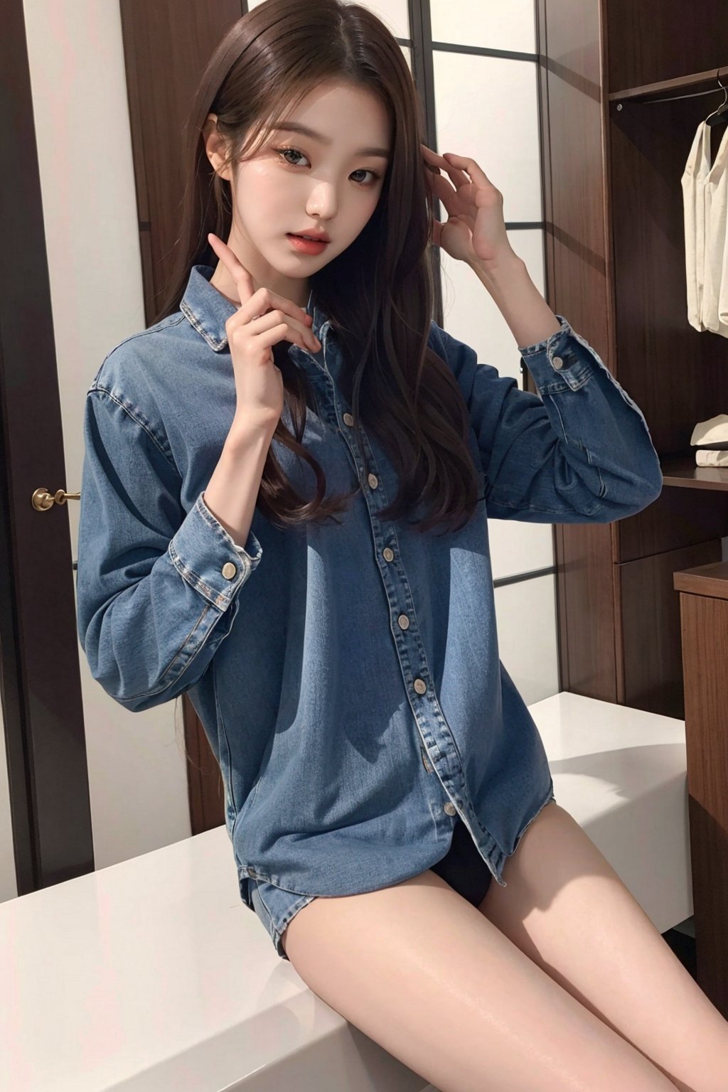 korean, jwy1, jang won  young, 1girl, beauty, slender, kpop_star, hot_star, blue_shirt_only, bottomless,Pubic hair