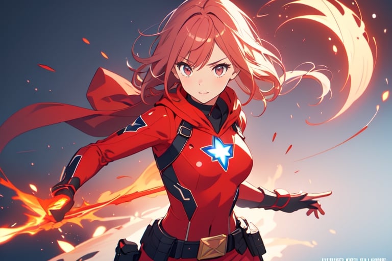 4k,1 girl, detailed face, Super Hero colored light red, age 18, ability blue fire element, upper body, action pose, belt, concept art, 