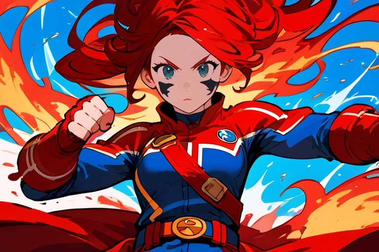 4k,1 girl, detailed face, Super Hero colored light red, age 18, ability fire element, upper body, action pose, belt, concept art, 