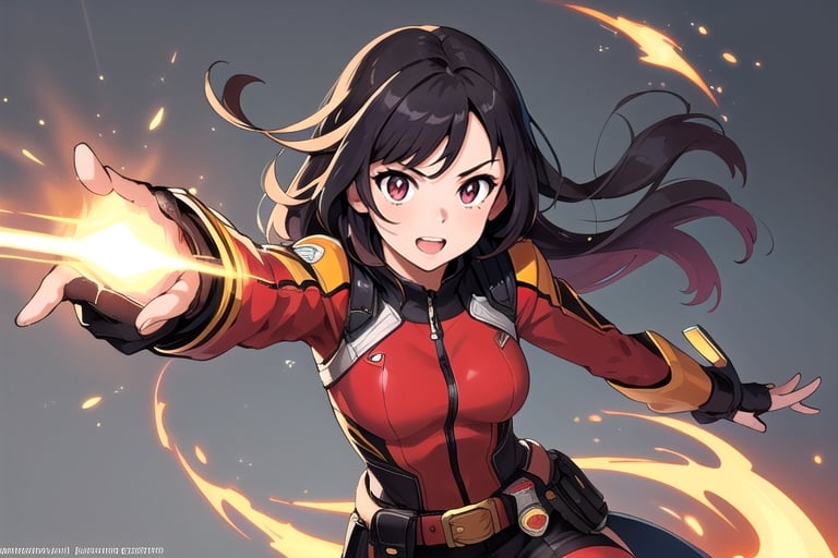 4k,1 girl, detailed face, Super Hero colored light red, age 18, ability fire element, upper body, action pose, belt, concept art