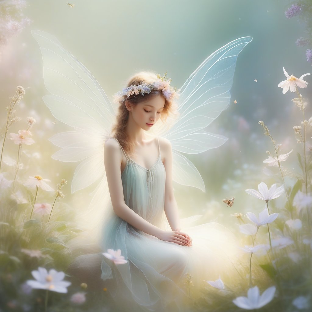 /imagine prompt: A cute and tender little fairy with transparent wings, surrounded by soft pastel-colored flowers, leaning in to smell a delicate bloom. The white background emphasizes the softness and beauty of the scene. Created Using: clean minimalism, soft lighting, detailed textures, whimsical design, hd quality --ar 16:9 --v 6.0

