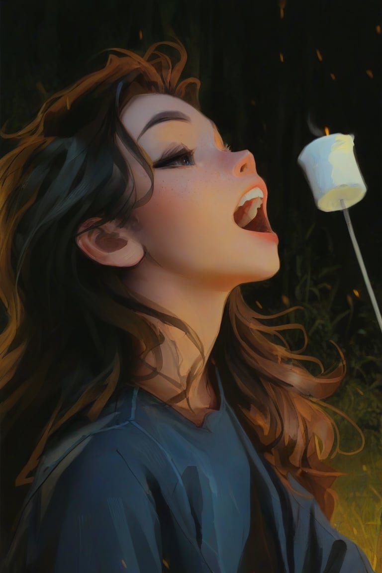 samdoesarts style beautiful woman in a camp eating a marshmallow on a stick, by jeremy mann, by sandra chevrier, by dave mckean and richard avedon and maciej kuciara, 1girl, solo, long hair, open mouth, shirt, black hair, deep blue shirt, upper body, outdoors, teeth, from side, nighttime, upper teeth only, looking up at the marshmallow, freckles, high detailed, 8k