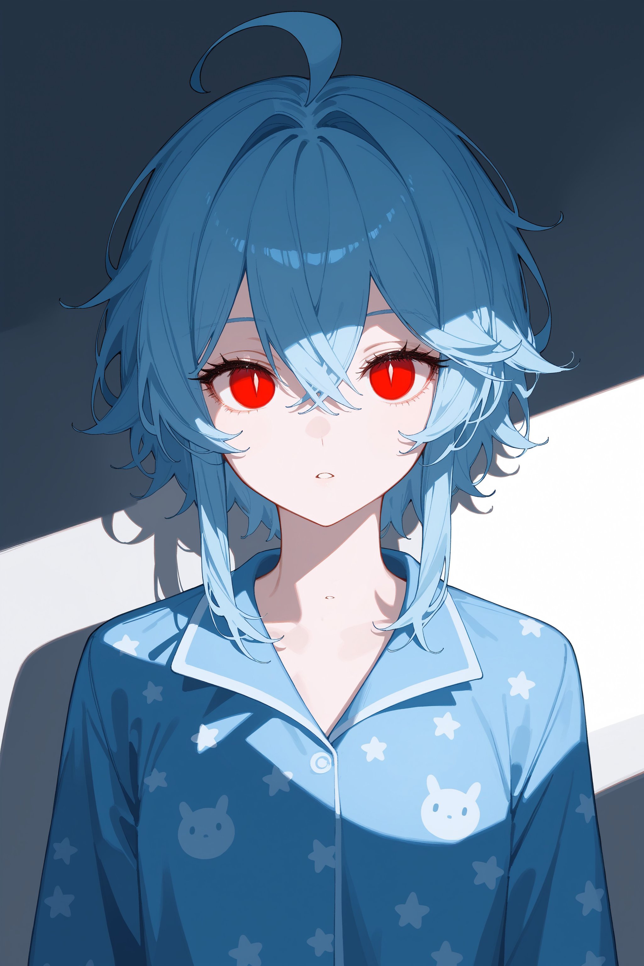 score_9, score_8_up, score_7_up, 1girl, light blue hair, tousled hair, short hair, long side locks, ahoge, red eyes, slit pupils, emotionless, expressionless, pale skin, pajamas, bright eyes, bedroom, night time, no humans, mists, crossed bangs, light blue eyelashes, parted lips, genderless, shadows, 