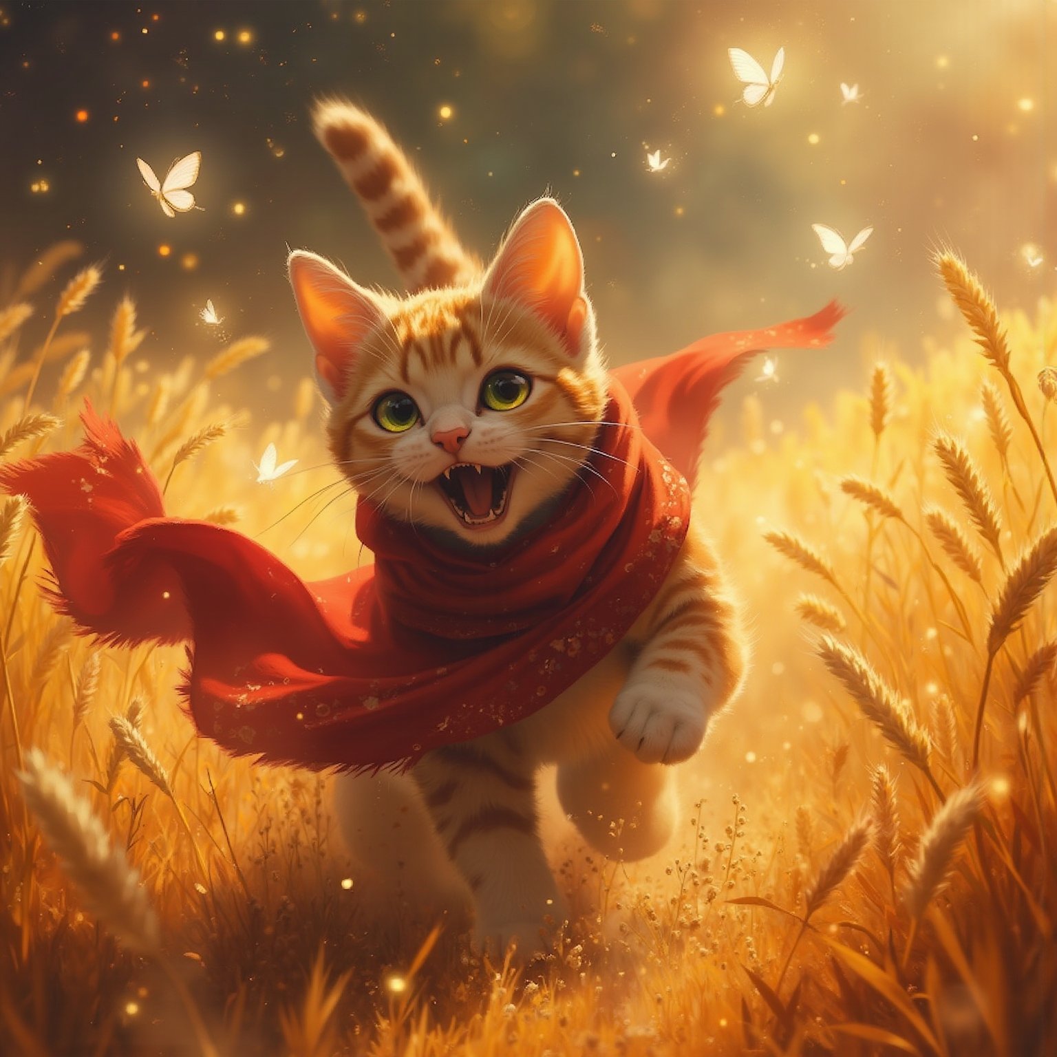 cinematic reality, film, chiarosaurio, depth of field, shadows, relfection, white magical sparks, a cat wearing a magical red scarf as it runs through the golden fields of wheat, magical white butterflies, sharp focus, detailed features, 