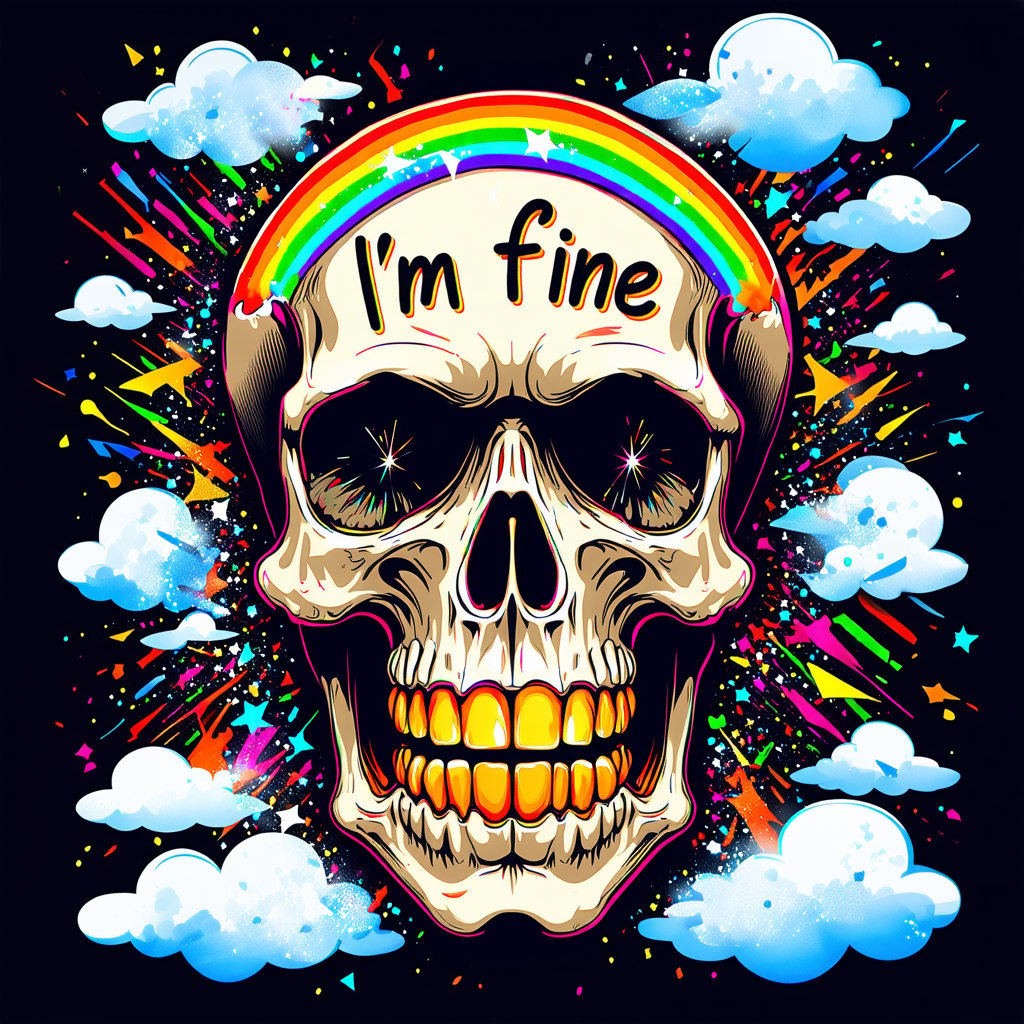 A striking and surreal vector design featuring a crying skull adorned with gold teeth, rainbows, clouds, glitter, and psychedelic colors. The skull's eyes are filled with tears, and its mouth is open in a howl, while the text "I'm fine" is written across its forehead. The overall design is dark and morbid with a touch of humor and a dash of unexpected color and glitter, creating a unique and unforgettable visual experience.