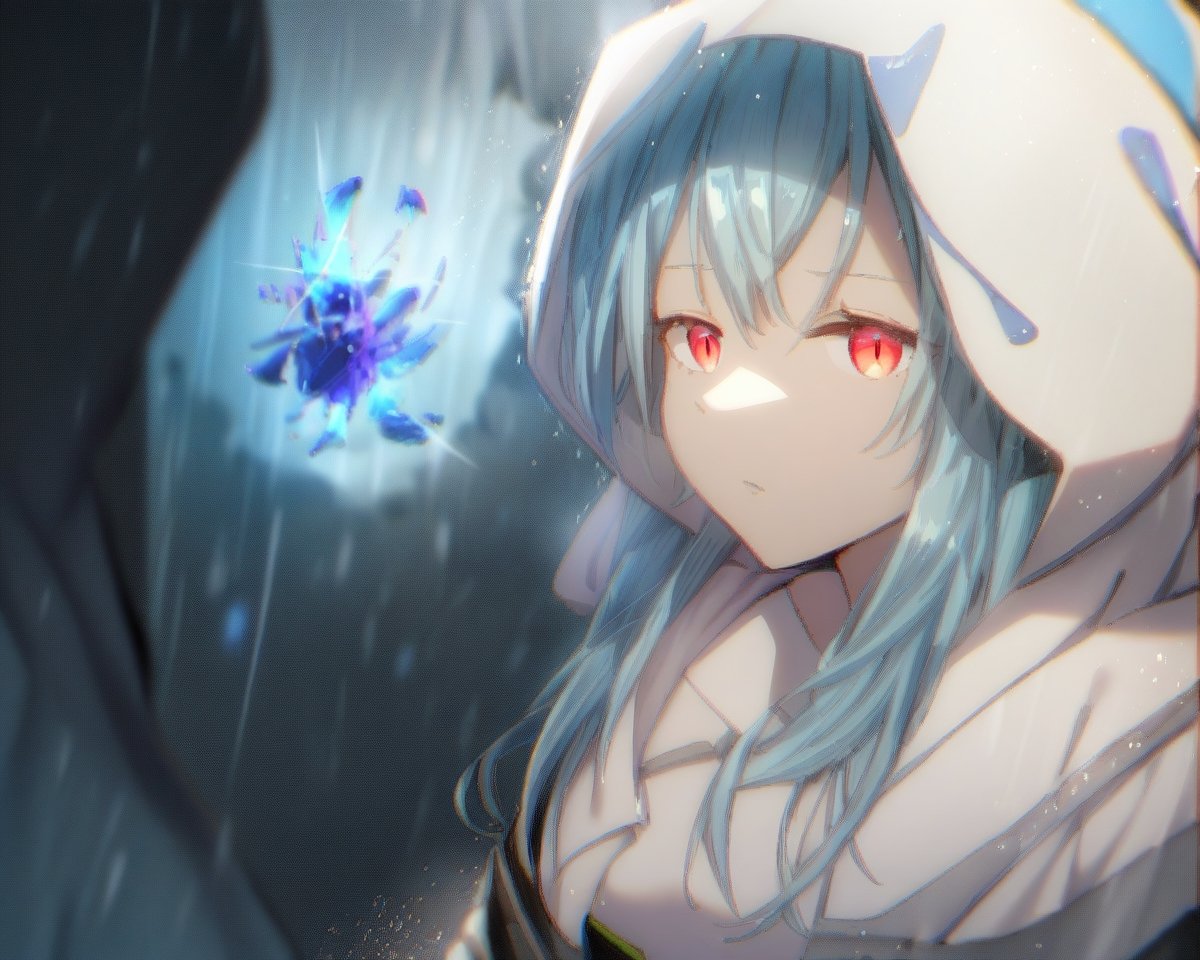 masterpiece, best quality, very aesthetic, absurdres, 1girl, ciel, tensei_shitara_slime_datta_ken, small breasts, sky blue hair, long hair, hair between eyes, robe, hooded robe, hood up, white robe, red eyes, slit pupils, blue eyelashes, emotionless, expressionless, thighighs, black thighighs, dark background,  simple background, rain, upper body, chromatic aberration, blurry foreground