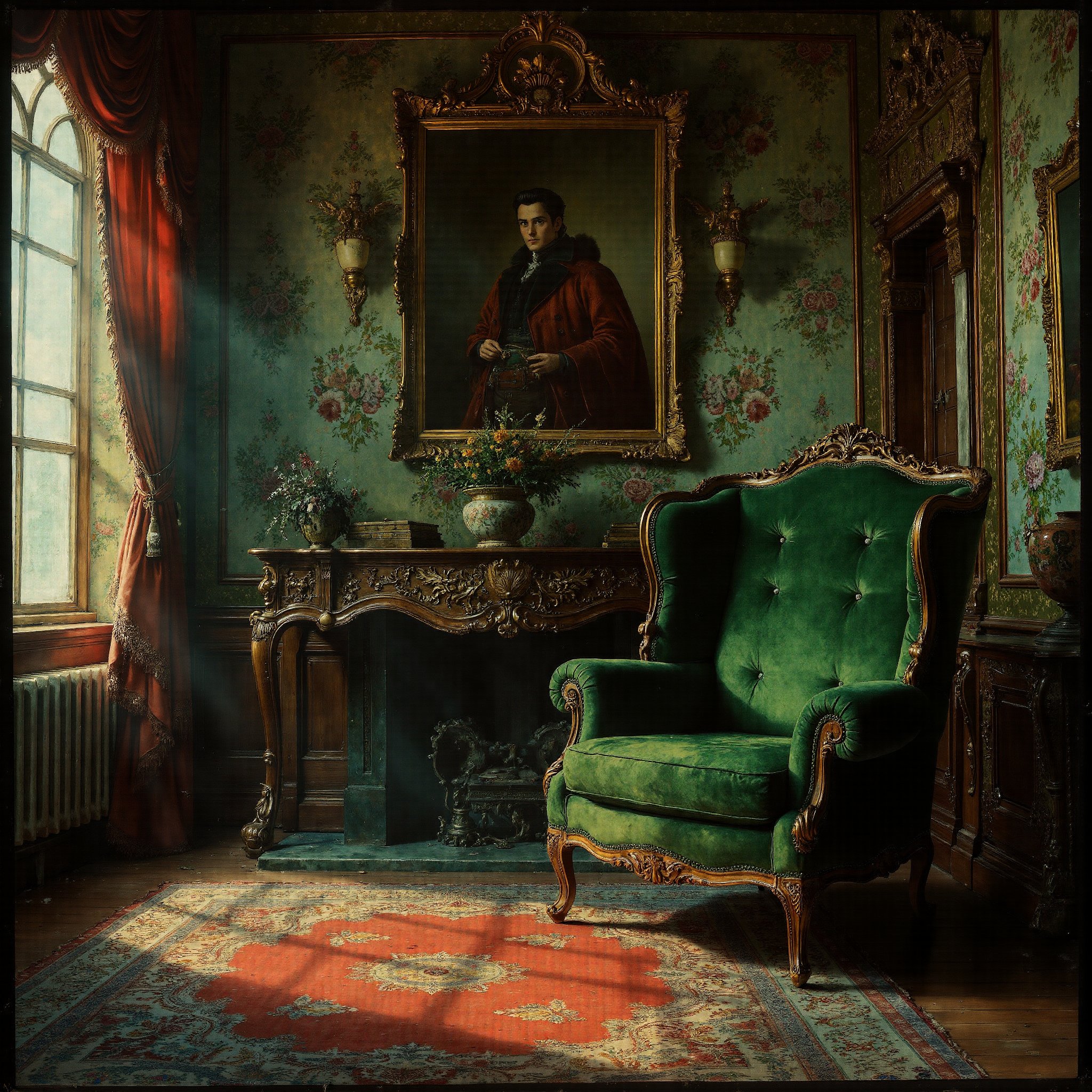 cinematic reality, film, chiarosaurio, depth of field, shadows, relfection, An ornate sitting room with floral wallpaper, a single gold-framed painting on the wall with the focus on a single green velvet armchair, warm light, shallow depth of field, sharp focus, detailed features, 