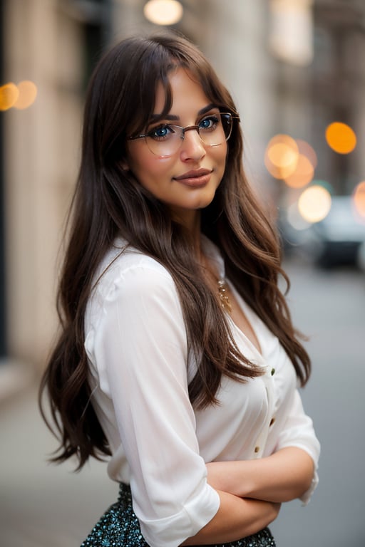 A realistic photo of a very pretty 26-year-old woman with long, wavy, dark hair, resembling Dakota Johnson and Felicity Jones. She is wearing thick nerd glasses and light makeup, looking innocent, cute, and flushed. She has light skin. Her eyes are bright and expressive, with a natural sparkle. She is posing with a slightly tilted head and a playful, engaging smile. The background is softly blurred to keep the focus on her. --ar 9:16 --stylize 750 --v 6