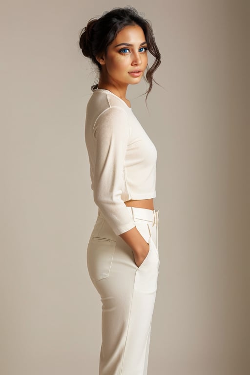 A full-frame, 3/4 length portrait of a young Asian woman, 20 years old. with a serene expression and a tousled updo. The soft, warm lighting should highlight her hair and illuminate her bronzed skin. (((Her eyes are brown))). She wears a neutral-colored, fitted long-sleeve top with a scooped neckline, and high-waisted creamy white trousers. Her posture is relaxed with her hands gently resting in front of her. The background should be soft and blurred to keep the focus on her elegant and natural pose. Side view, tight troussers 