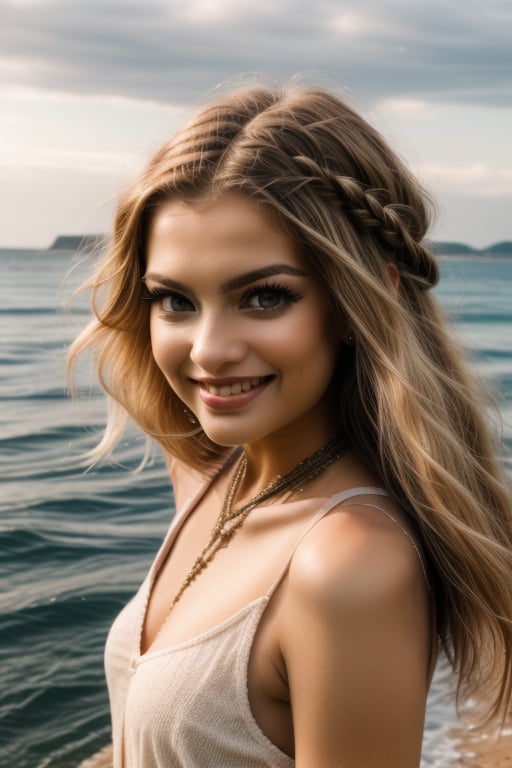 A hippie woman with beautifully braided hair. naturally cute. portrait photo by the sea, dynamic pose, intense gaze, joyful expression. soft natural lighting