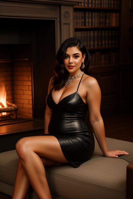 A refined 25 year old woman, black 90s bob hairstyle, sits poised in a warm glow, her raven hair styled elegantly against the soft light of (((one))) crackling fireplace. A short black dress hugs her curves, complemented by lustrous pearls at her neck. Behind her, walls lined with worn leather tomes and ornate antique furniture evoke a sense of nostalgia, as she sits amidst the comforting familiarity of a well-worn library. sher legs are crossed, showing her gorgeous thigh. Her dress is tight, showcasing her flat belly. photorealistic:1.4