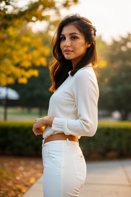 A full-frame, 3/4 length portrait of a young Asian woman, 20 years old. with a serene expression and a tousled updo. The soft, warm lighting should highlight her hair and illuminate her bronzed skin. Her eyes are brown. She wears a neutral-colored, fitted long-sleeve top with a scooped neckline, and high-waisted creamy white trousers. Her posture is relaxed with her hands gently resting in front of her. The background should be soft and blurred to keep the focus on her elegant and natural pose. Side view, tight troussers 