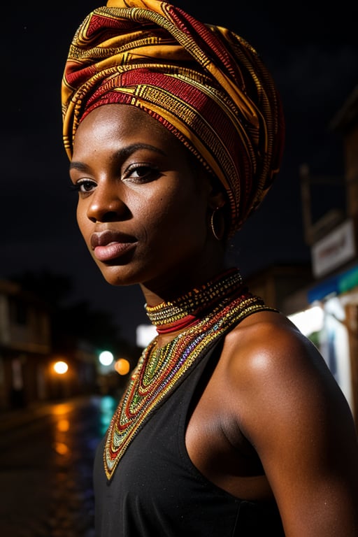 A Liberian woman, wrapped in vibrant African clothing, stands confidently in the center of a village street at midnight. The rain pours down, casting a mystical atmosphere over the scene. Her full figure is shrouded in darkness, except for her striking red eyes that seem to pierce through the night. A black choker adorns her neck, and a head scarf wraps around her forehead. As she gazes directly at the viewer, her detailed features and perfect complexion radiate an air of sensuality. The photograph exudes a sense of intimacy and mystery, with Photorealism level 1.4.,Perfect eyes,(((Photorealism:1.4))),Sexy